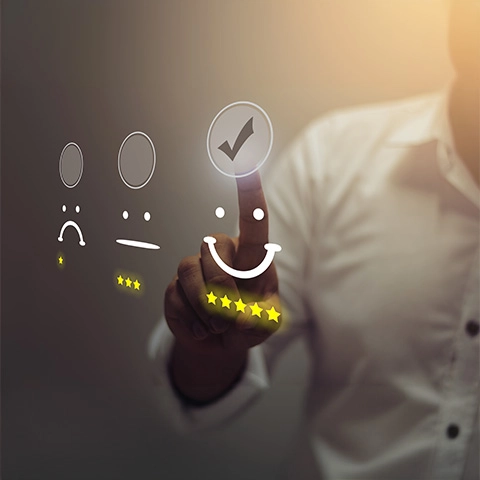 Representative image of a person pointing at the 4 key factors for CX transformation on virtual screen